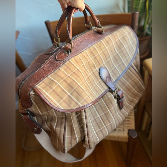 Vintage Polo Ralph Lauren Equestrian Plaid Leather Weekender Satchel Bag Travel - Picture 4 of 16
